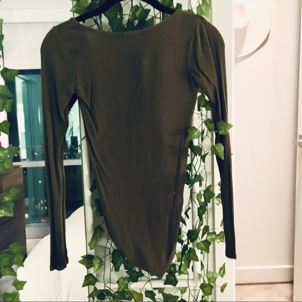 Forever 21 Olive Green V-Neck Long Sleeve Bodysuit with Double Clasp at Bottom